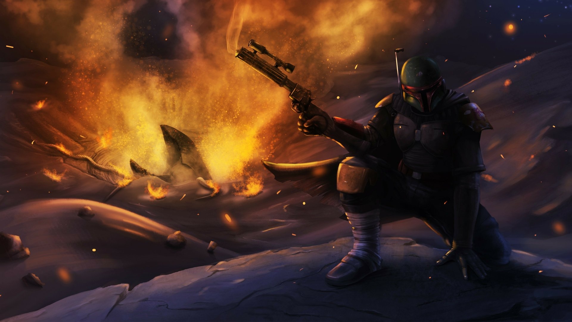 Boba Fett crouches with blaster drawn amid fiery debris in a dynamic 4K Ultra HD Star Wars movie desktop wallpaper.