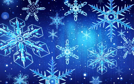 An artistic HD wallpaper featuring an array of intricate snowflakes against a deep blue background, creating a magical winter atmosphere.