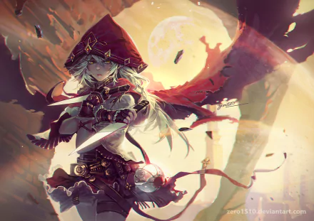 HD anime original desktop wallpaper featuring a mysterious girl in a red hooded cloak with a bow, set against a glowing full moon and dynamic background.