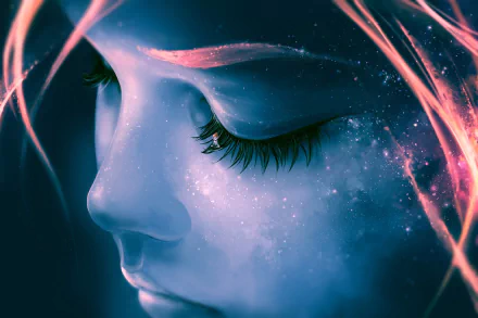 Artistic HD desktop wallpaper of a sad child's face glowing blue with star-like sparkles, blending fantasy elements and soft light effects around the woman’s profile.