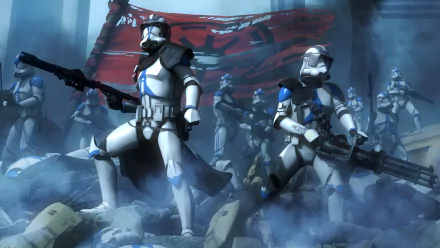 HD wallpaper featuring scout troopers holding weapons from Star Wars: The Clone Wars (2008), with a dramatic background of battle and smoke.