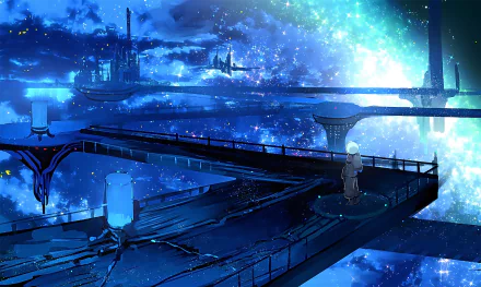 HD Anime sci-fi wallpaper featuring an astronaut standing on a futuristic building walkway, set against a backdrop of stars and galaxy.