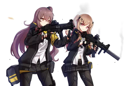 HD desktop wallpaper depicting video game characters UMP9 and UMP45 from Girls Frontline, featuring detailed artwork of the two armed characters with a white background.