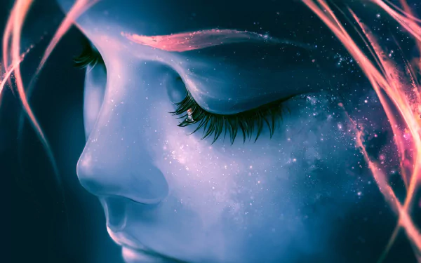 Artistic HD desktop wallpaper of a sad child's face glowing blue with star-like sparkles, blending fantasy elements and soft light effects around the woman’s profile.