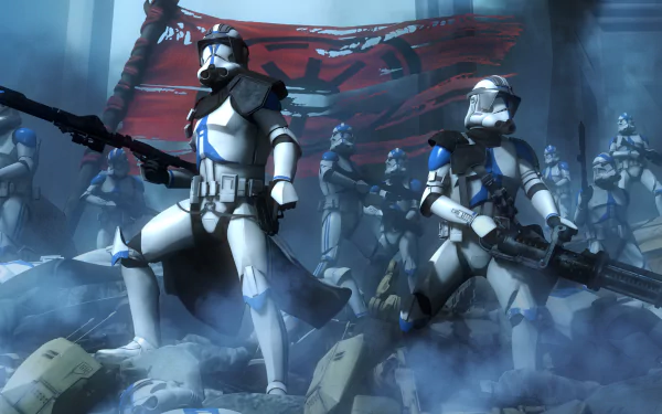 HD wallpaper featuring scout troopers holding weapons from Star Wars: The Clone Wars (2008), with a dramatic background of battle and smoke.