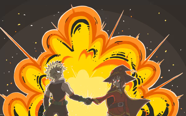 HD wallpaper featuring a crossover of My Hero Academia and Kono Subarashii Sekai ni Shukufuku wo! with Katsuki Bakugou and Megumin shaking hands in front of an explosion background.
