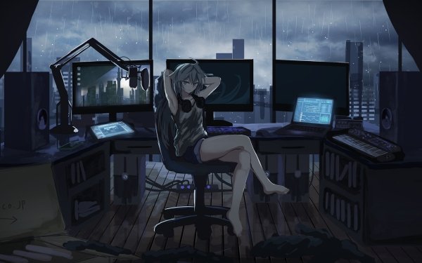 Anime Original Computer Headphones Rain HD Wallpaper | Background Image