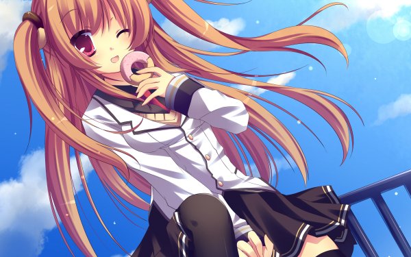 Anime Original Long Hair Twintails Wink Pink Eyes Doughnut School Uniform Skirt Cloud Blush Smile Thigh Highs HD Wallpaper | Background Image