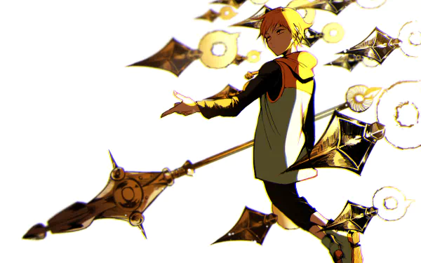 A blonde character with yellow eyes, wearing a hood and holding a spear, from the anime The Seven Deadly Sins. This HD desktop wallpaper features King showcasing his weapon in an action pose.