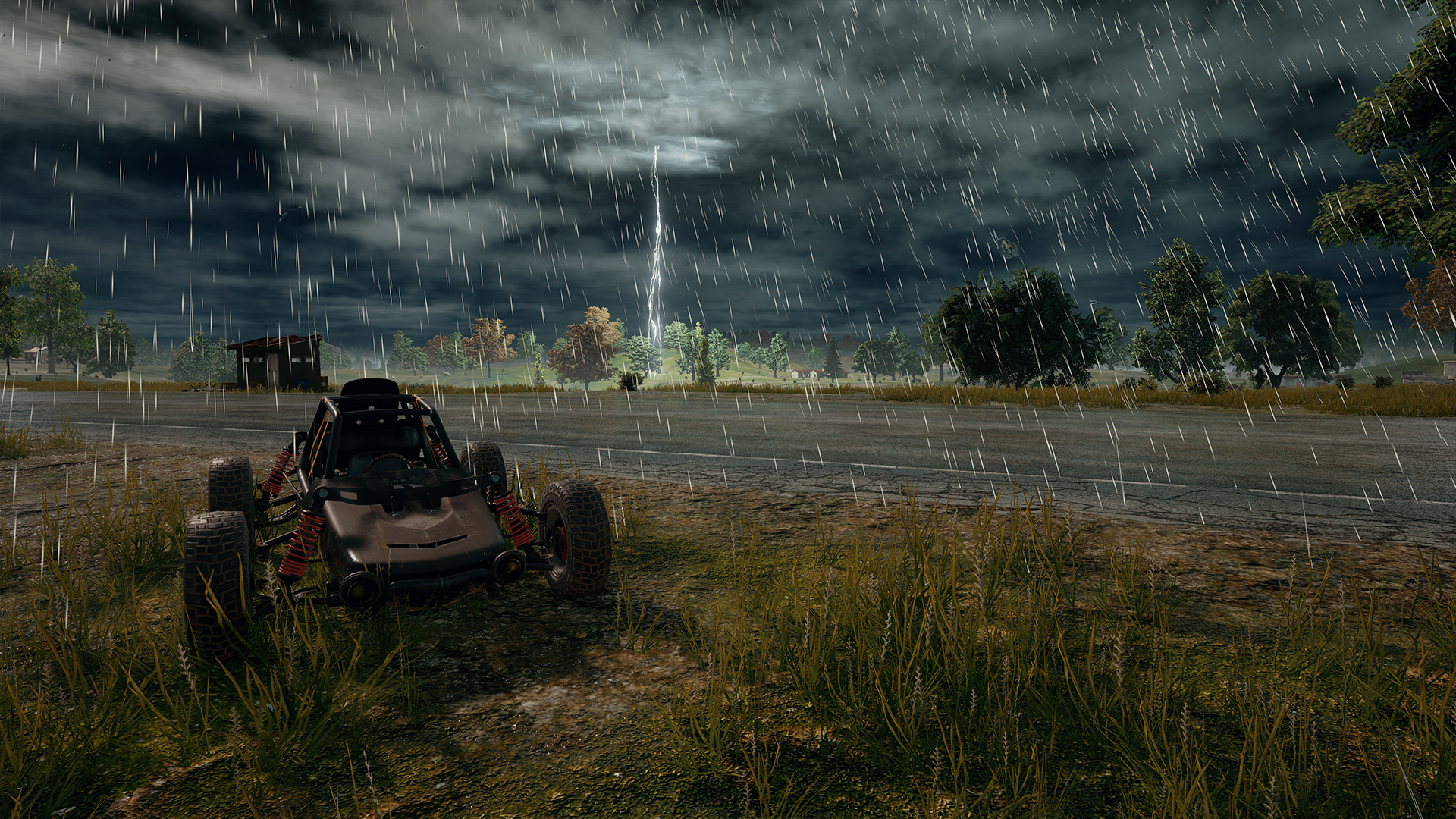 HD desktop wallpaper featuring a rainy night scene from PlayerUnknown's Battlegrounds with a buggy parked on a grassy field near a road, surrounded by trees and a stormy sky.