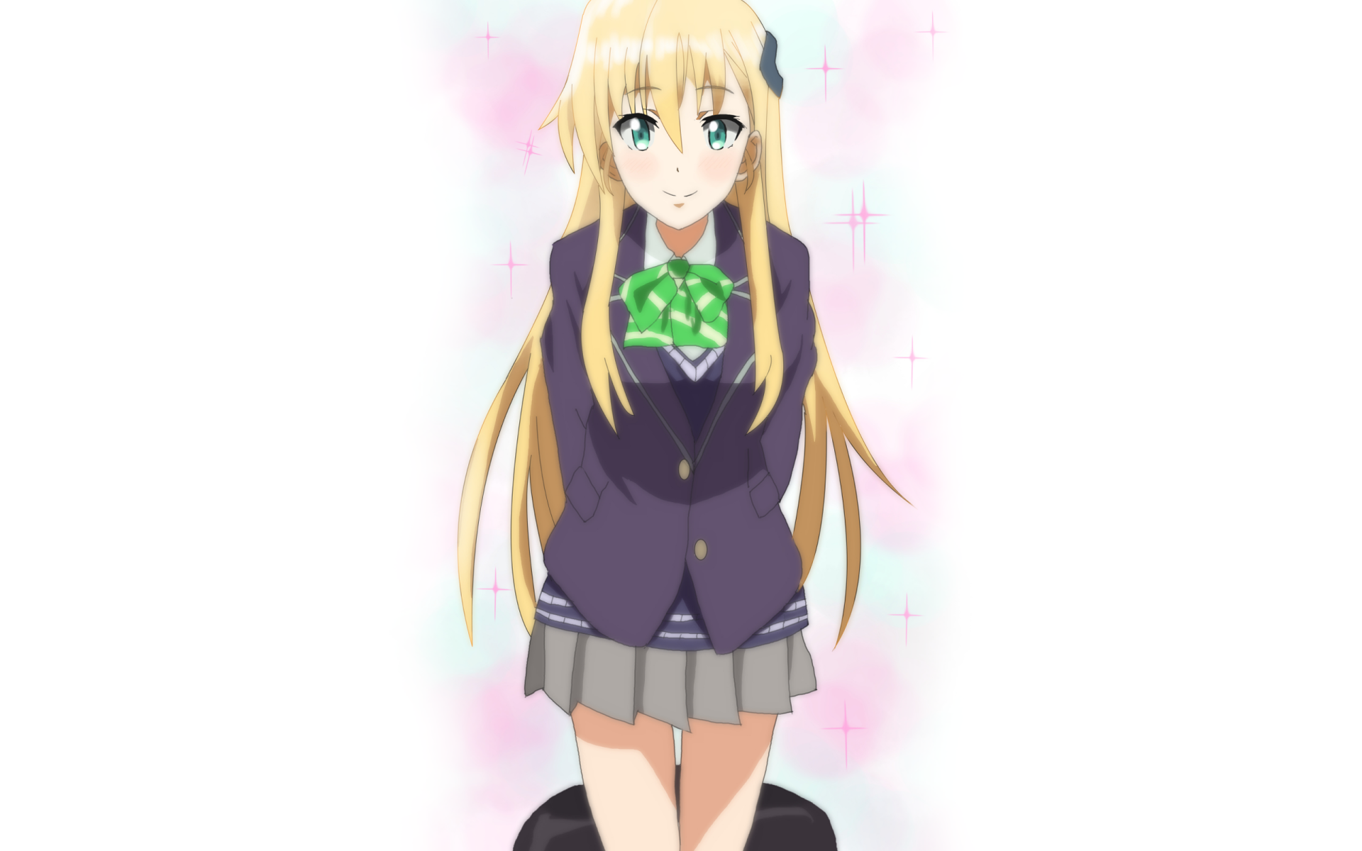 HD anime desktop wallpaper featuring Karen Tendou, a blonde gamer character in a school uniform with a green bow, set against a soft pastel background.