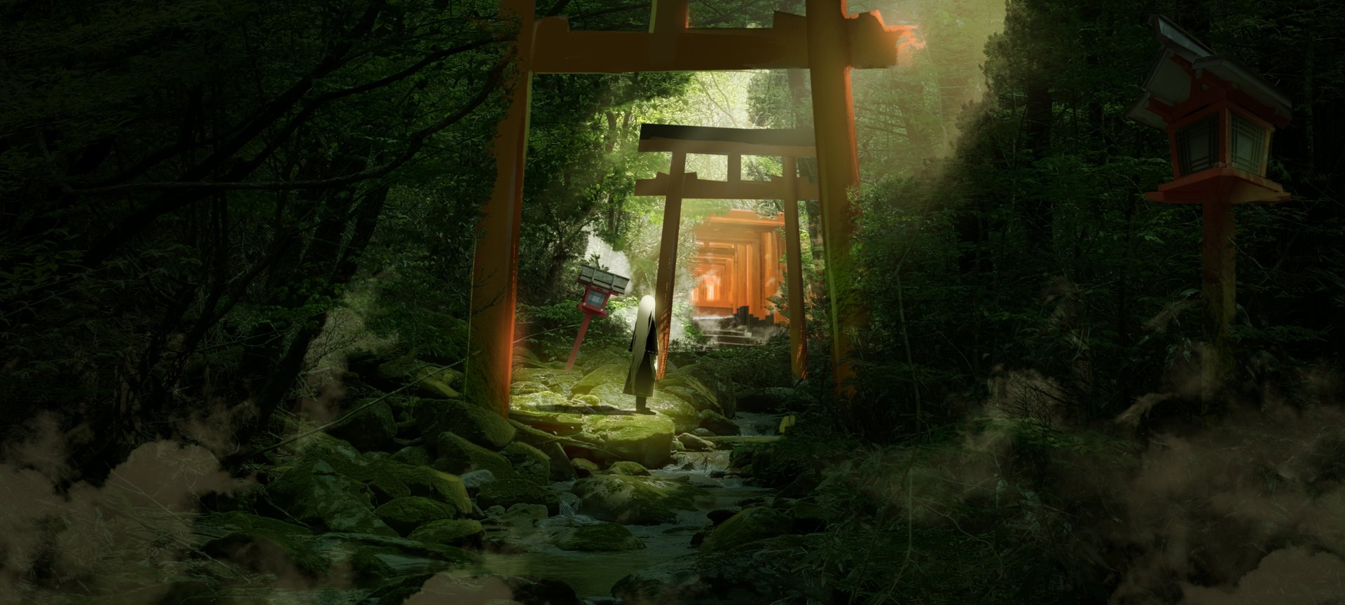 An HD anime desktop wallpaper depicting a serene path through a forest with torii gates and a shrine, featuring a character with white hair standing among trees.
