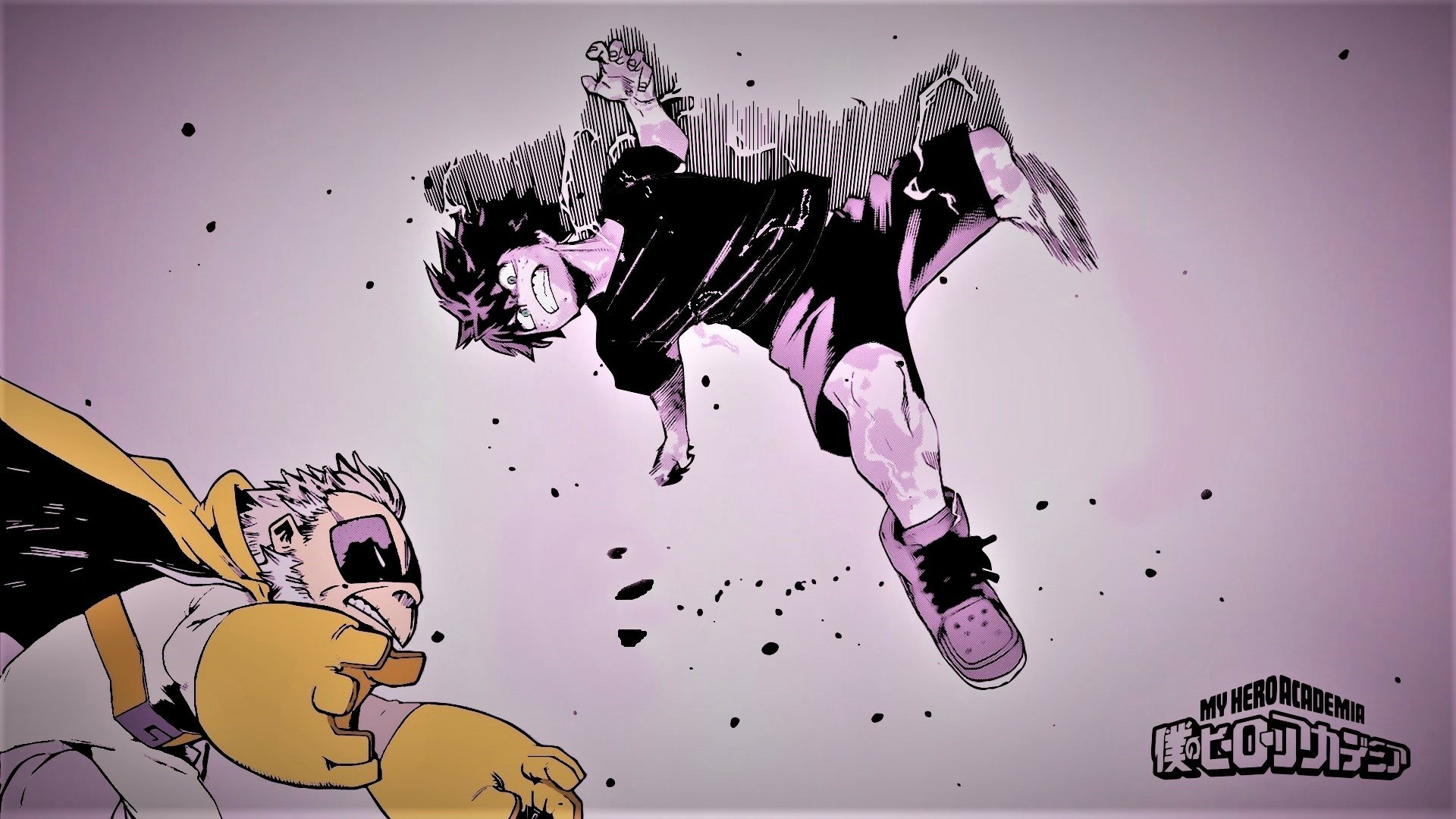 HD desktop wallpaper featuring dynamic anime characters from My Hero Academia in an action scene, with a monochrome background and vivid highlights.