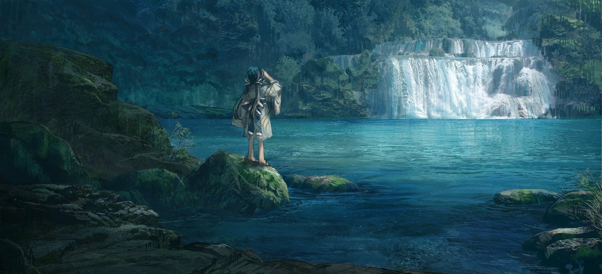 Anime-style HD wallpaper of a person in traditional Japanese clothes standing on a rock by a serene lake with a waterfall in the background.