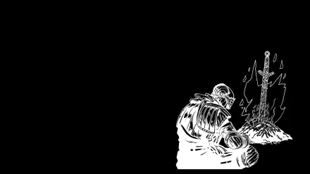 HD PC desktop wallpaper featuring a Dark Souls video game scene with a warrior kneeling beside a glowing, fiery sword on a black background.