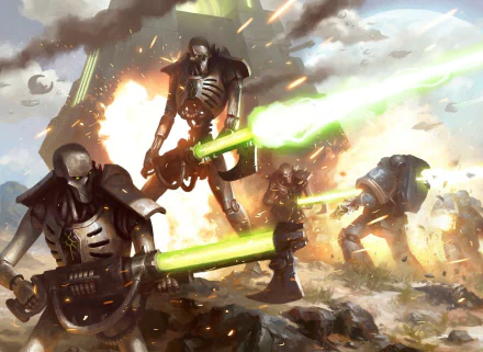 HD desktop wallpaper featuring an intense battle scene with Necrons and Space Marines from the Warhammer 40k video game. The Necrons wield green energy weapons in a fiery and chaotic environment.