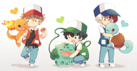 Anime crossover wallpaper featuring My Hero Academia's Shoto Todoroki, Katsuki Bakugou, and Izuku Midoriya with Pokémon Charmander, Bulbasaur, and Squirtle.