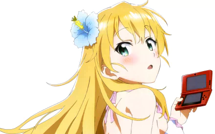 HD desktop wallpaper of Karen Tendou from the anime Gamers! featuring her holding a red handheld console, with long blonde hair adorned with a blue flower.