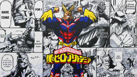 HD desktop wallpaper featuring All Might from the anime My Hero Academia, illustrated in vibrant colors with a collage of monochrome manga panels in the background.