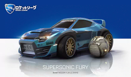 Rocket League video game HD PC desktop wallpaper/background: blue 'Supersonic Fury' car with gold rims beside a metallic ball on a reflective floor, blue backdrop and logo.