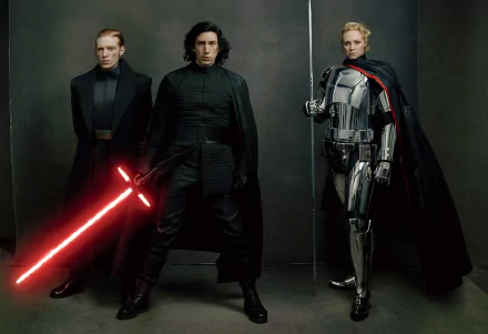 HD wallpaper featuring Gwendoline Christie, Domhnall Gleeson, and Adam Driver as Captain Phasma, General Hux, and Kylo Ren with a red lightsaber from Star Wars: The Last Jedi.