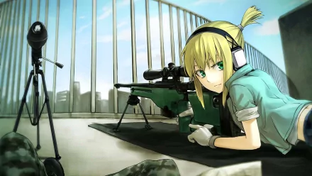 Anime-themed HD desktop wallpaper featuring a girl with green eyes and headphones, lying beside a sniper rifle, set against a cityscape backdrop.