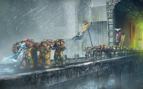 HD PC desktop wallpaper featuring Space Marines from the Warhammer 40k video game, advancing through a stormy fortress corridor with banners and heavy armor.