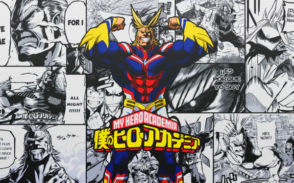 HD desktop wallpaper featuring All Might from the anime My Hero Academia, illustrated in vibrant colors with a collage of monochrome manga panels in the background.
