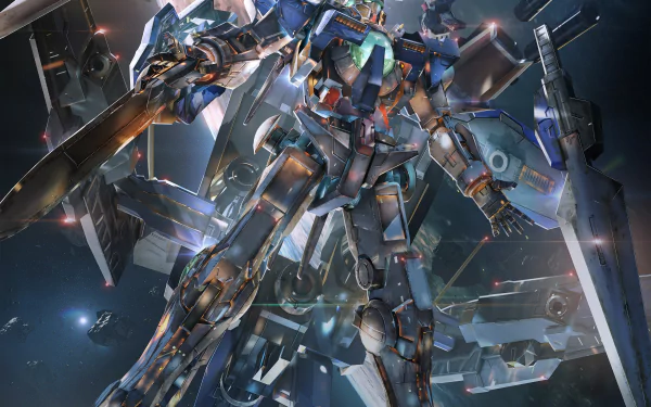 HD desktop wallpaper and background featuring a dynamic scene from the video game Gundam Versus, showcasing a powerful Gundam mech in an action-packed outer space setting.
