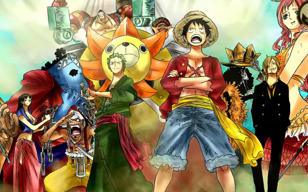 HD desktop wallpaper featuring the One Piece crew—including Monkey D. Luffy, Zoro, Nami, Sanji, Brook, Franky, Jinbe, Chopper, Robin, Usopp—and the Thousand Sunny ship.