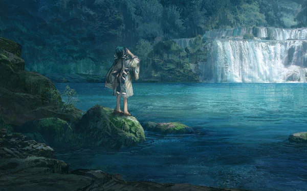 Anime-style HD wallpaper of a person in traditional Japanese clothes standing on a rock by a serene lake with a waterfall in the background.