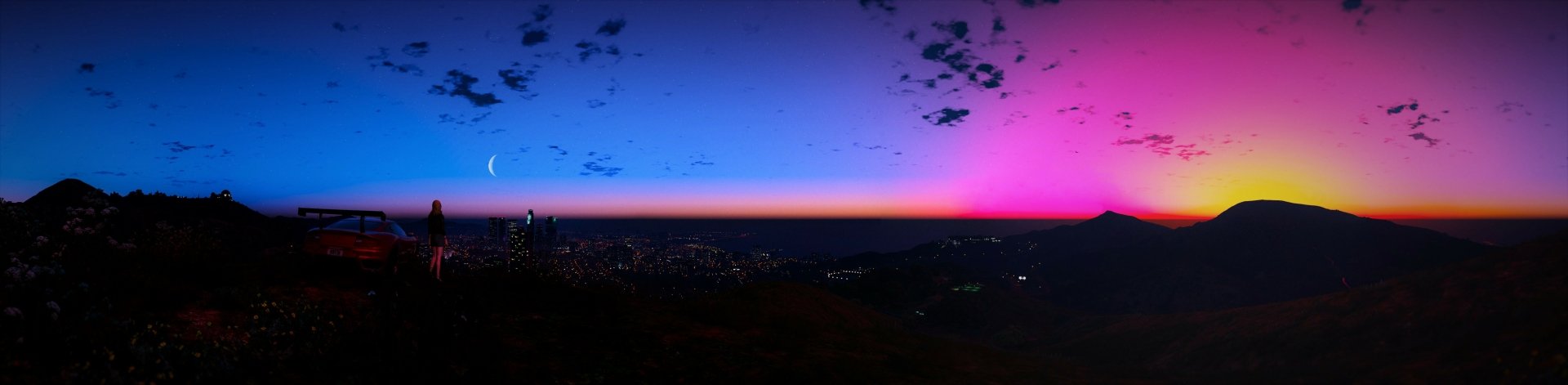 HD desktop wallpaper from Grand Theft Auto V featuring a vibrant purple and blue sky with a crescent moon over a cityscape at dusk.