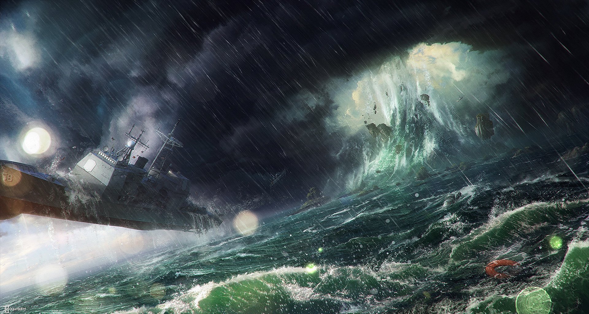HD fantasy ocean desktop wallpaper depicting a stormy sea with a ship battling towering waves under dark, rain-filled skies.