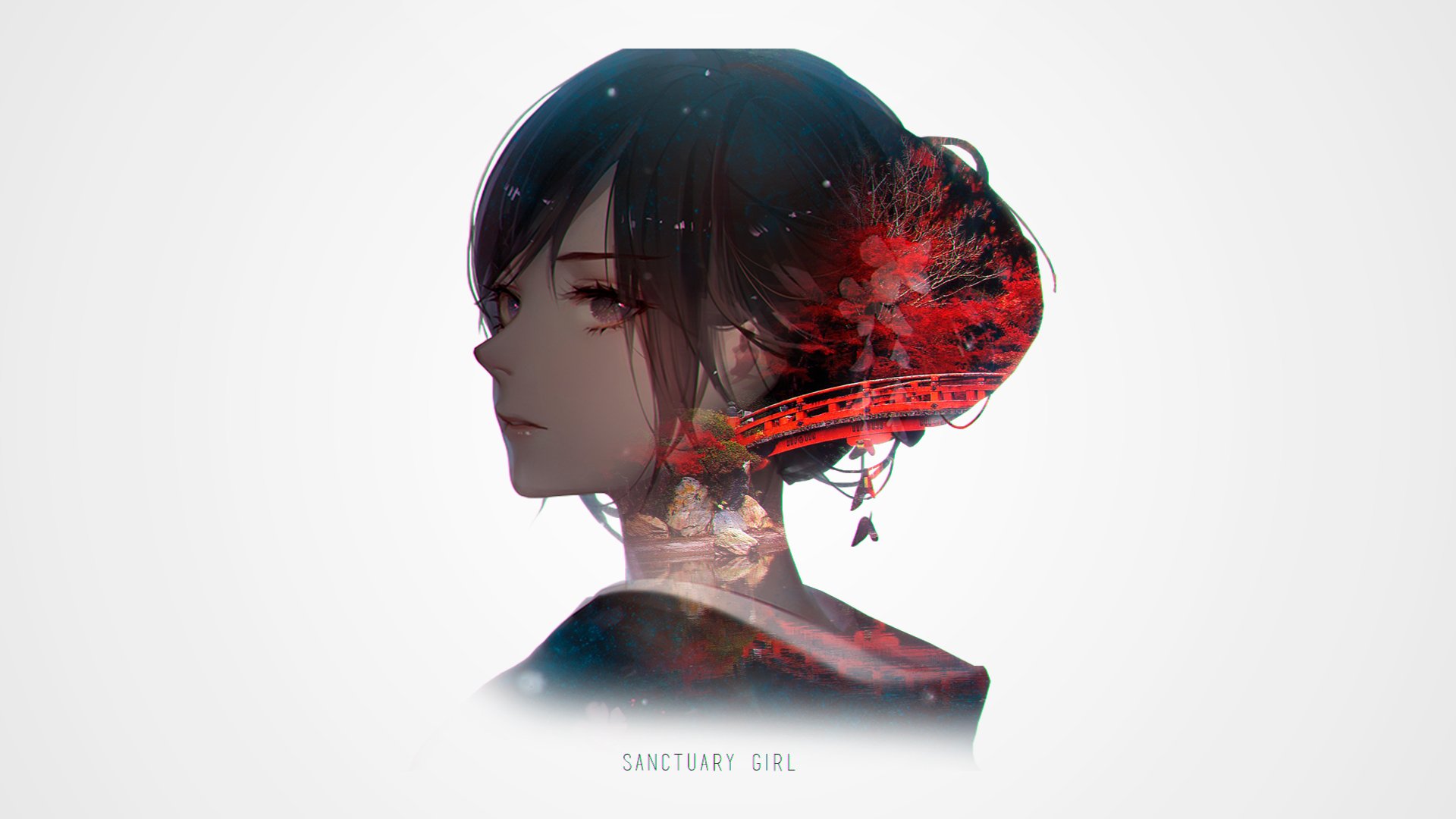 HD Anime wallpaper featuring an original illustration of a girl in profile with a red bridge and scenic elements entwined in her hair. The text Sanctuary Girl is displayed below.
