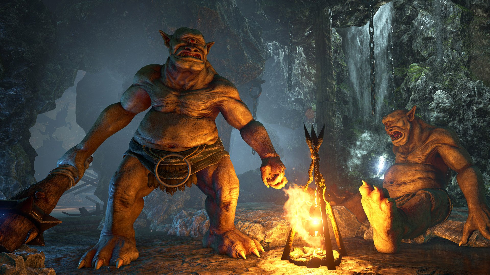 HD PC desktop wallpaper from the video game Dark and Light showing two ogre-like creatures near a campfire inside a dimly lit cave.