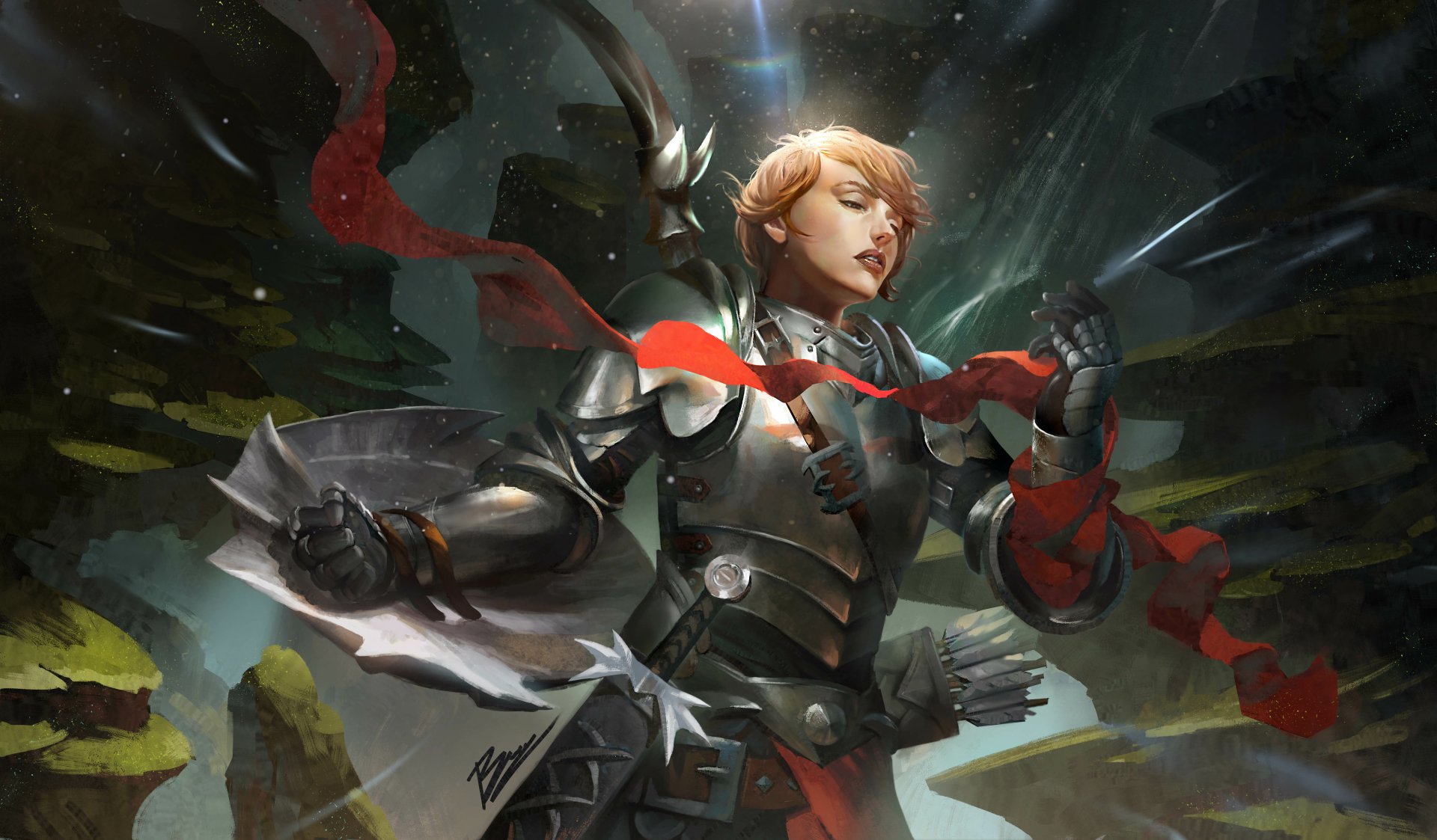 A short-haired woman warrior clad in dark armor, wrapped in flowing red ribbons, stands poised in a dramatic fantasy scene, rendered in 4K Ultra HD quality.