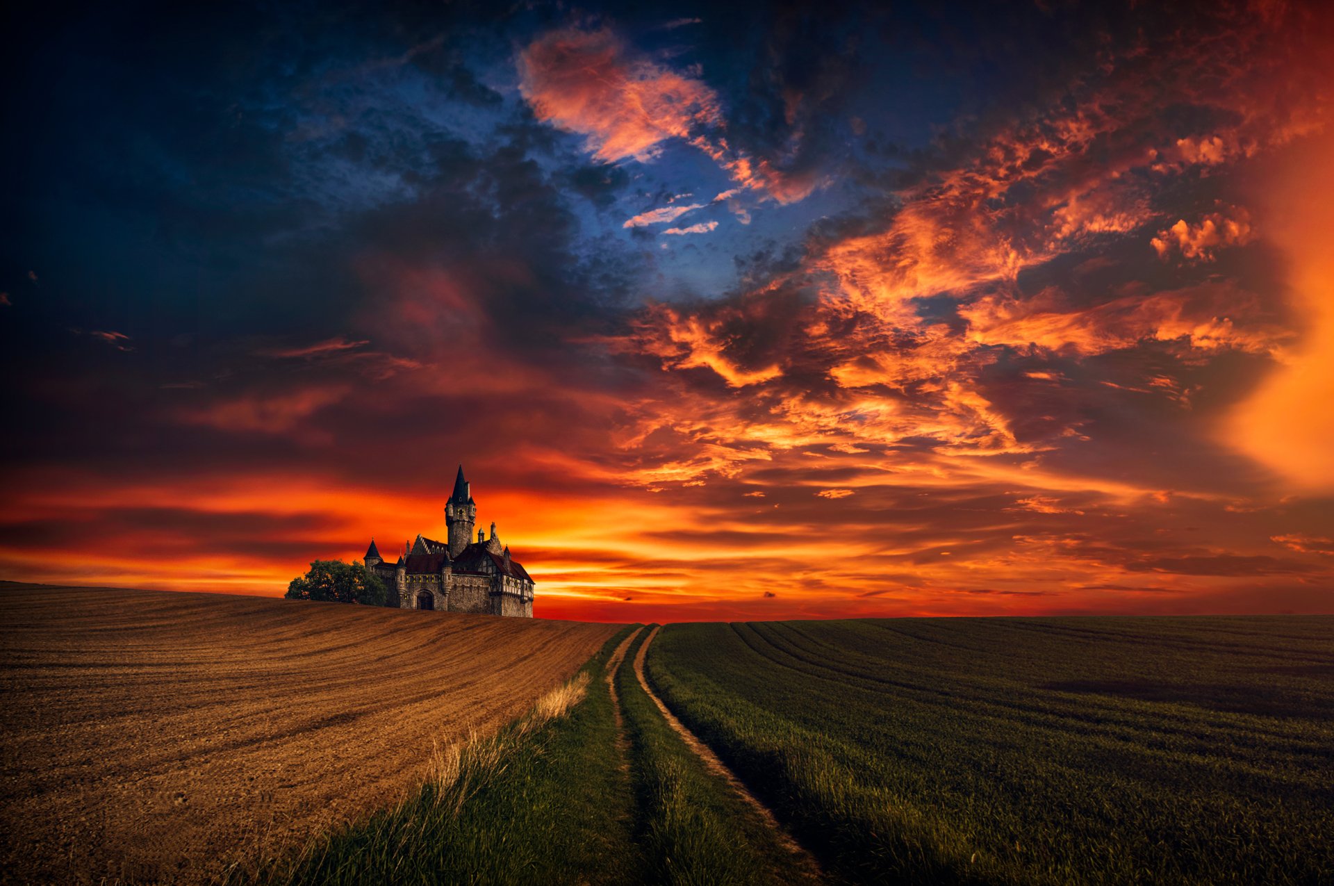 Epic Fantasy Castle at Sunset Over Golden Wheat Fields – 4K Ultra HD ...