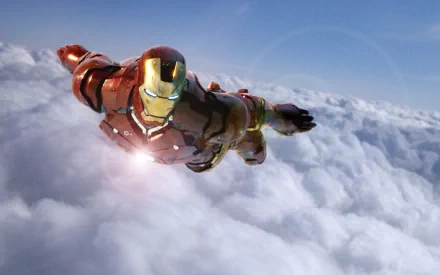 HD desktop wallpaper featuring Tony Stark as Iron Man flying above the clouds under a clear blue sky, from the movie Iron Man.