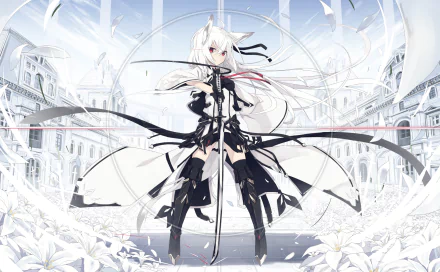 An original anime-style HD desktop wallpaper featuring a white-haired character in an elaborate outfit, set against a backdrop of a grand, white architectural scene with lilies and fluttering ribbons.