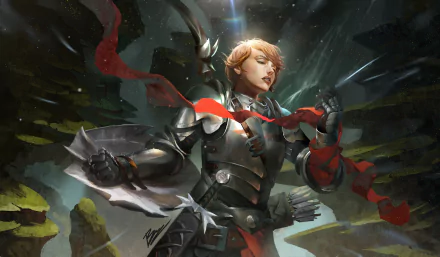 A short-haired woman warrior clad in dark armor, wrapped in flowing red ribbons, stands poised in a dramatic fantasy scene, rendered in 4K Ultra HD quality.