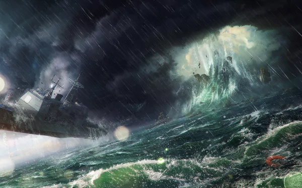 HD fantasy ocean desktop wallpaper depicting a stormy sea with a ship battling towering waves under dark, rain-filled skies.