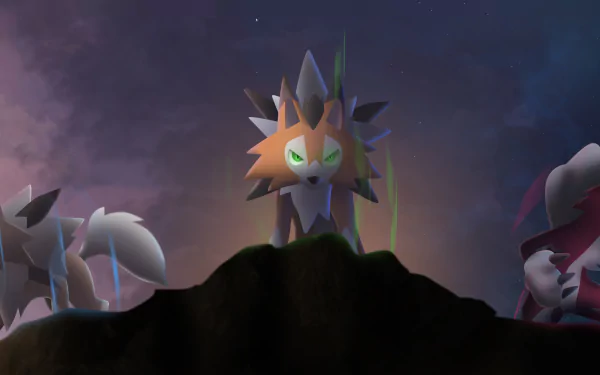 HD PC desktop wallpaper featuring Lycanroc from Pokémon Ultra Sun and Ultra Moon in a dramatic nighttime scene.