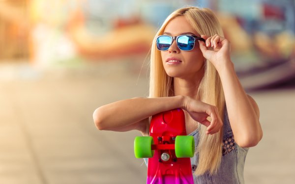 Women Model Blonde Depth Of Field Sunglasses Skateboard HD Wallpaper | Background Image
