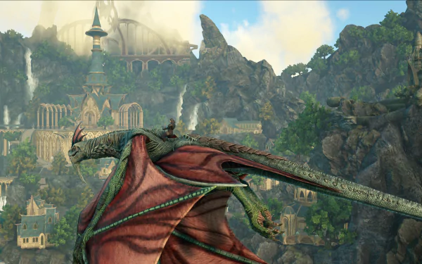 HD PC desktop wallpaper from the video game Dark and Light featuring a detailed dragon flying over a fantasy cityscape with mountains in the background.