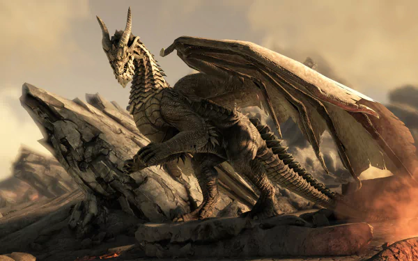 HD PC desktop wallpaper featuring a detailed dragon from the video game Dark and Light, set against a dramatic and rugged landscape.