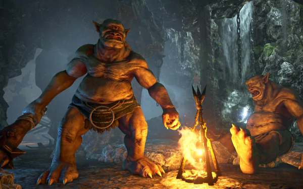HD PC desktop wallpaper from the video game Dark and Light showing two ogre-like creatures near a campfire inside a dimly lit cave.