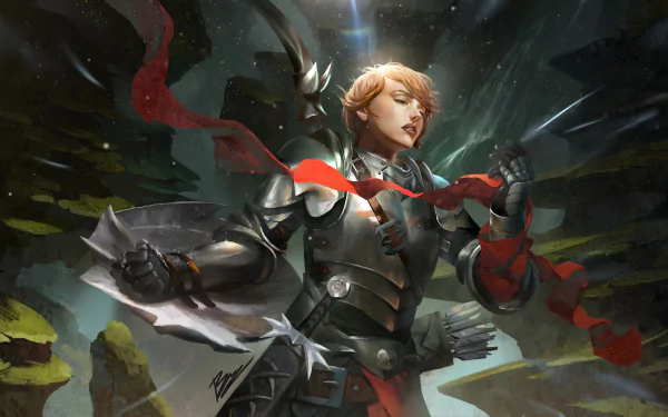 A short-haired woman warrior clad in dark armor, wrapped in flowing red ribbons, stands poised in a dramatic fantasy scene, rendered in 4K Ultra HD quality.