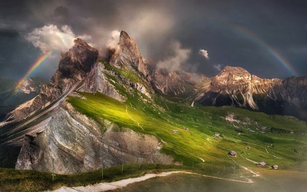 Earth Rainbow Fog Cloud Mountain House Peak HD Wallpaper | Background Image