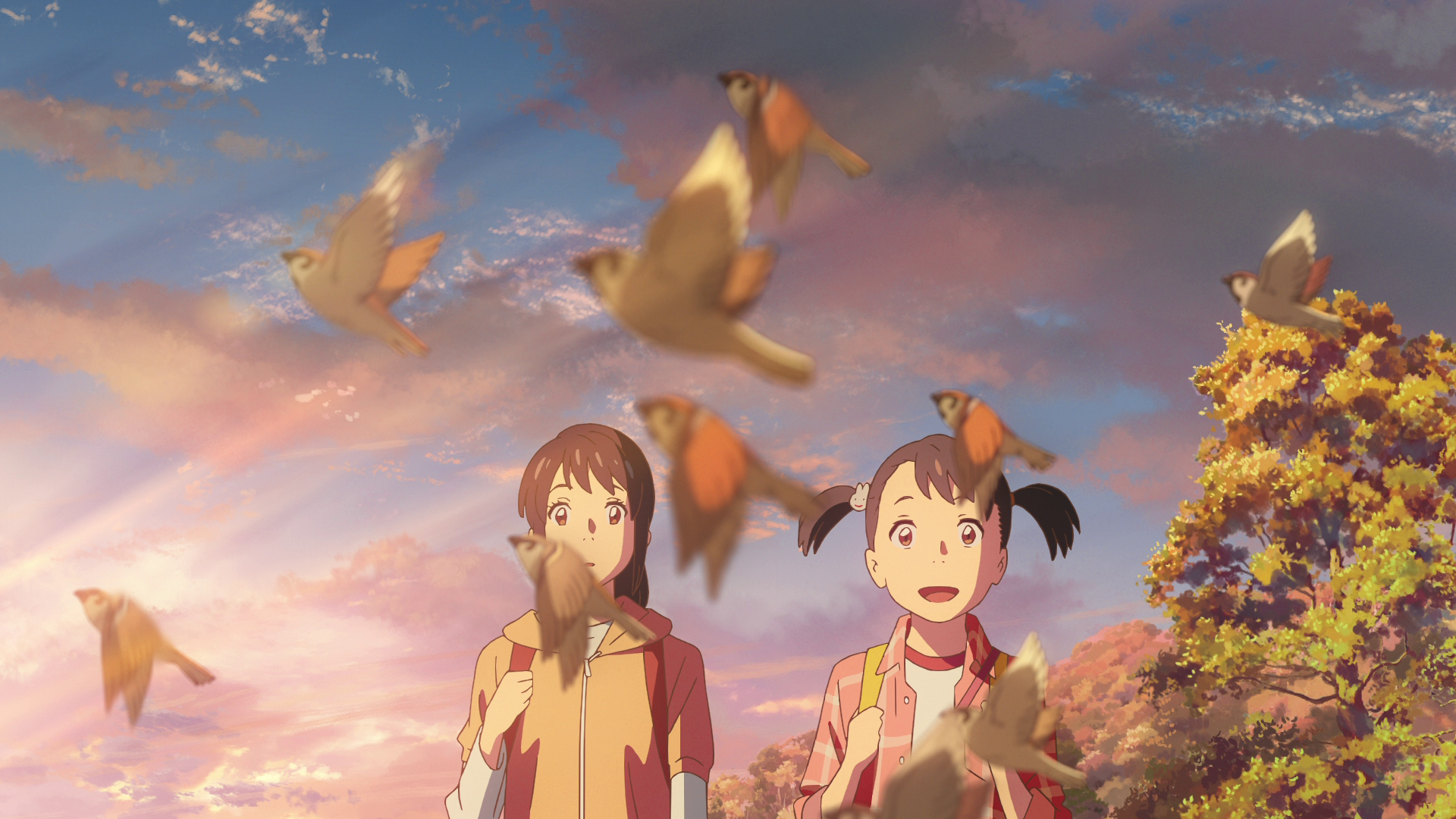 HD PC desktop wallpaper of Yotsuha and Mitsuha Miyamizu from Your Name., smiling as birds flutter around them against a pastel sunset