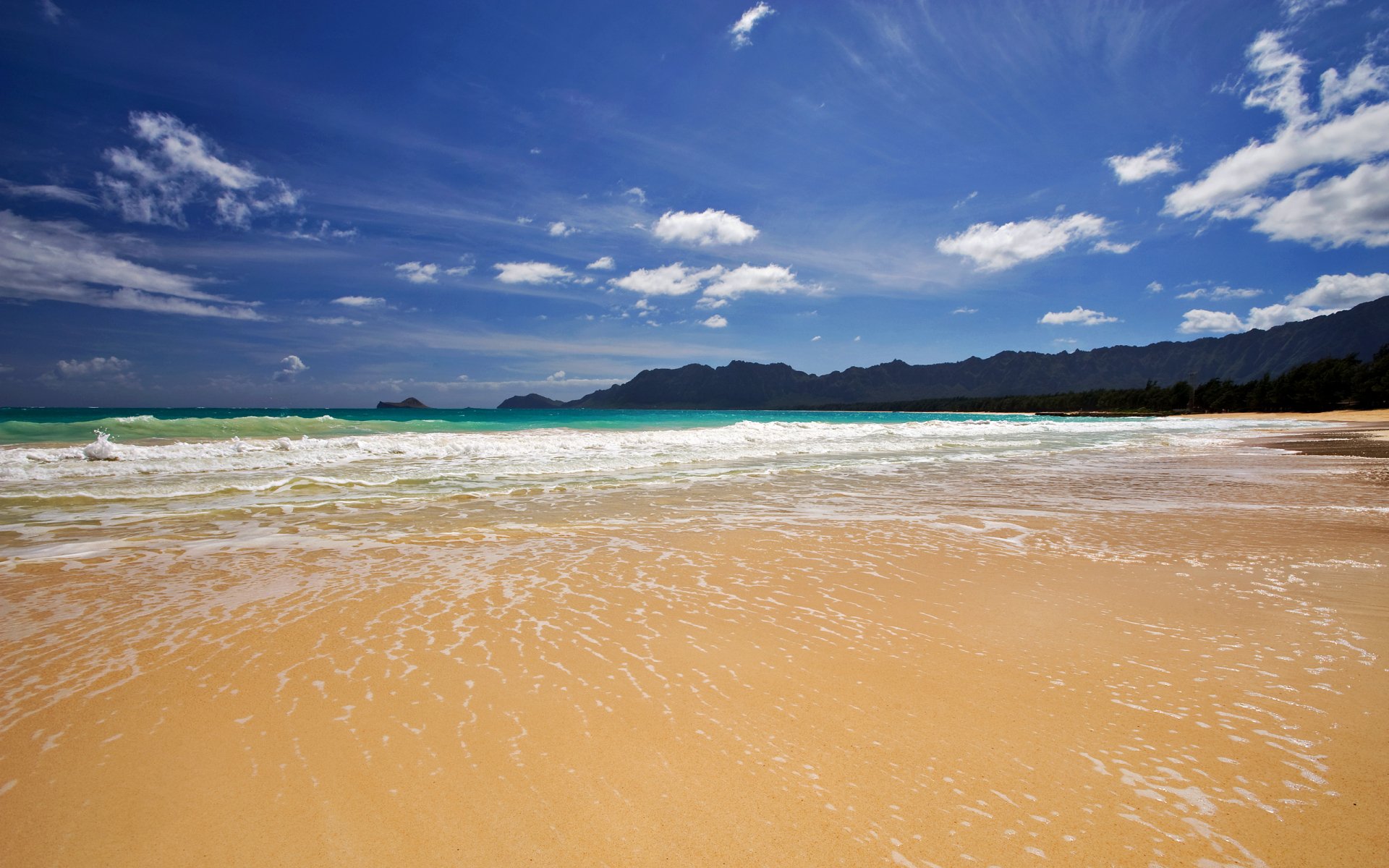 Serene Beach Escape: HD Wallpaper of Sand, Water, and Clouds